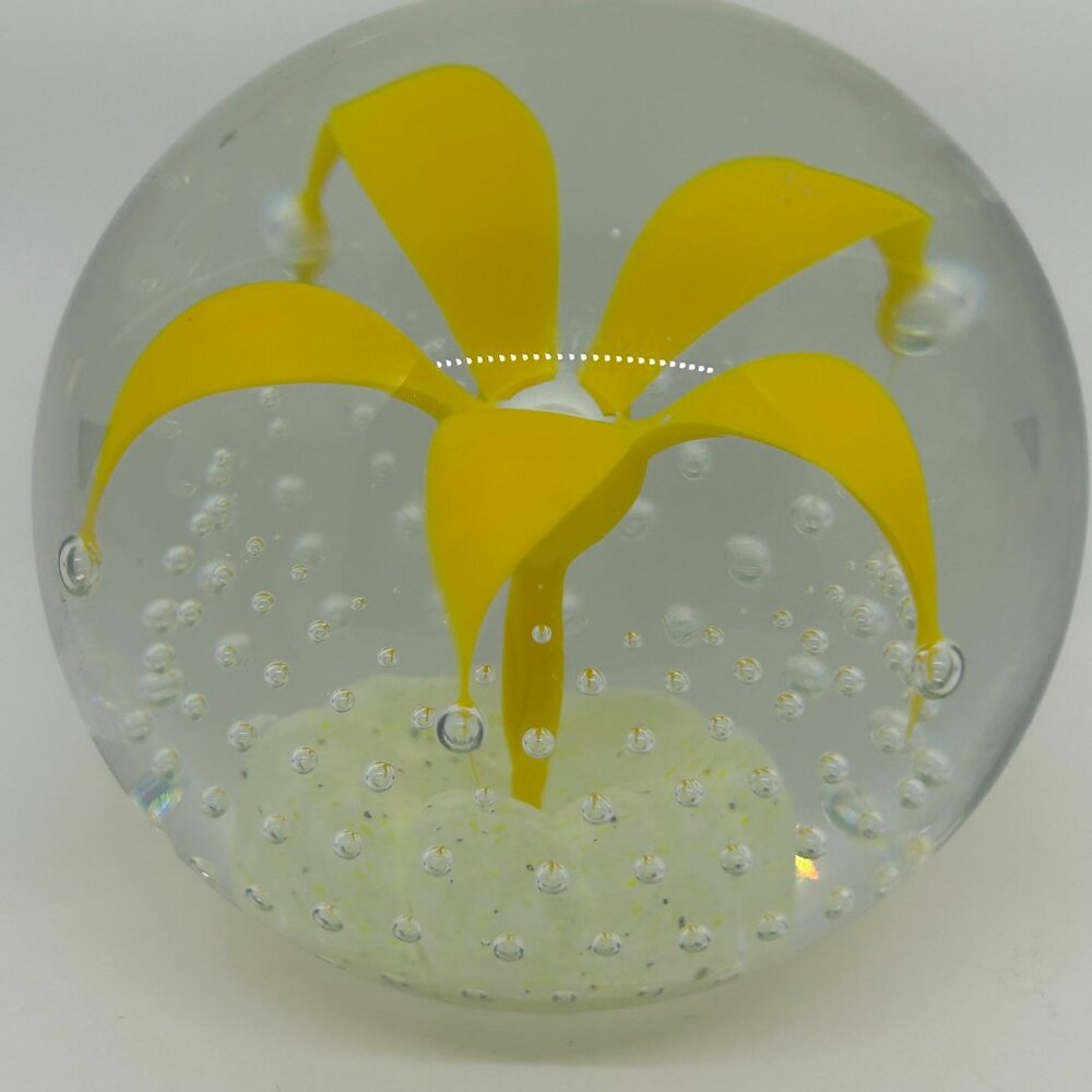 Wheaton Glass Controlled Bubble Paperweight With Yellow Flower Design - Picture 12 of 16